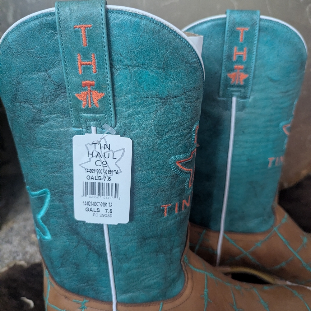 TIN HAUL "Barb'd Wire" turquoise & brown leather square toe cowgirl boots sz 7.5 - Picture 11 of 16